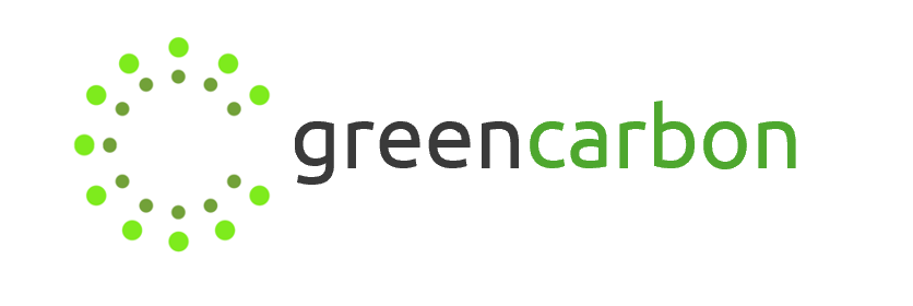 Logo met groene en zwarte tekst: 'greencarbon' met een cirkel van groene stippen