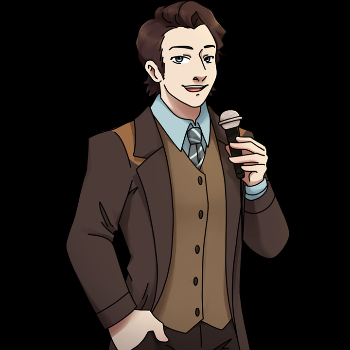 Illustration of a woman in a brown blazer, tan vest, blue shirt, and tie, holding a microphone and smiling.
