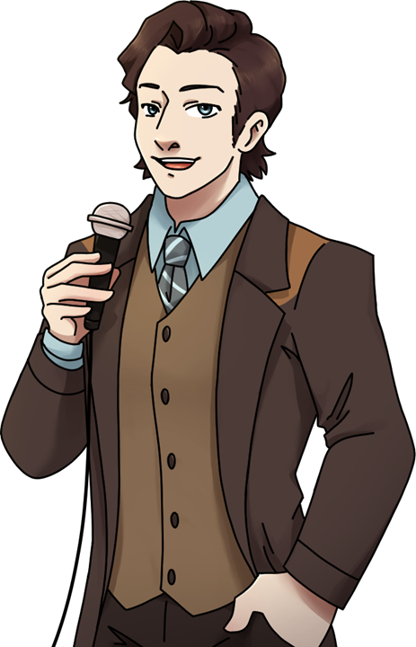 A man in a suit holding a microphone, smiling, with dark hair and light skin.