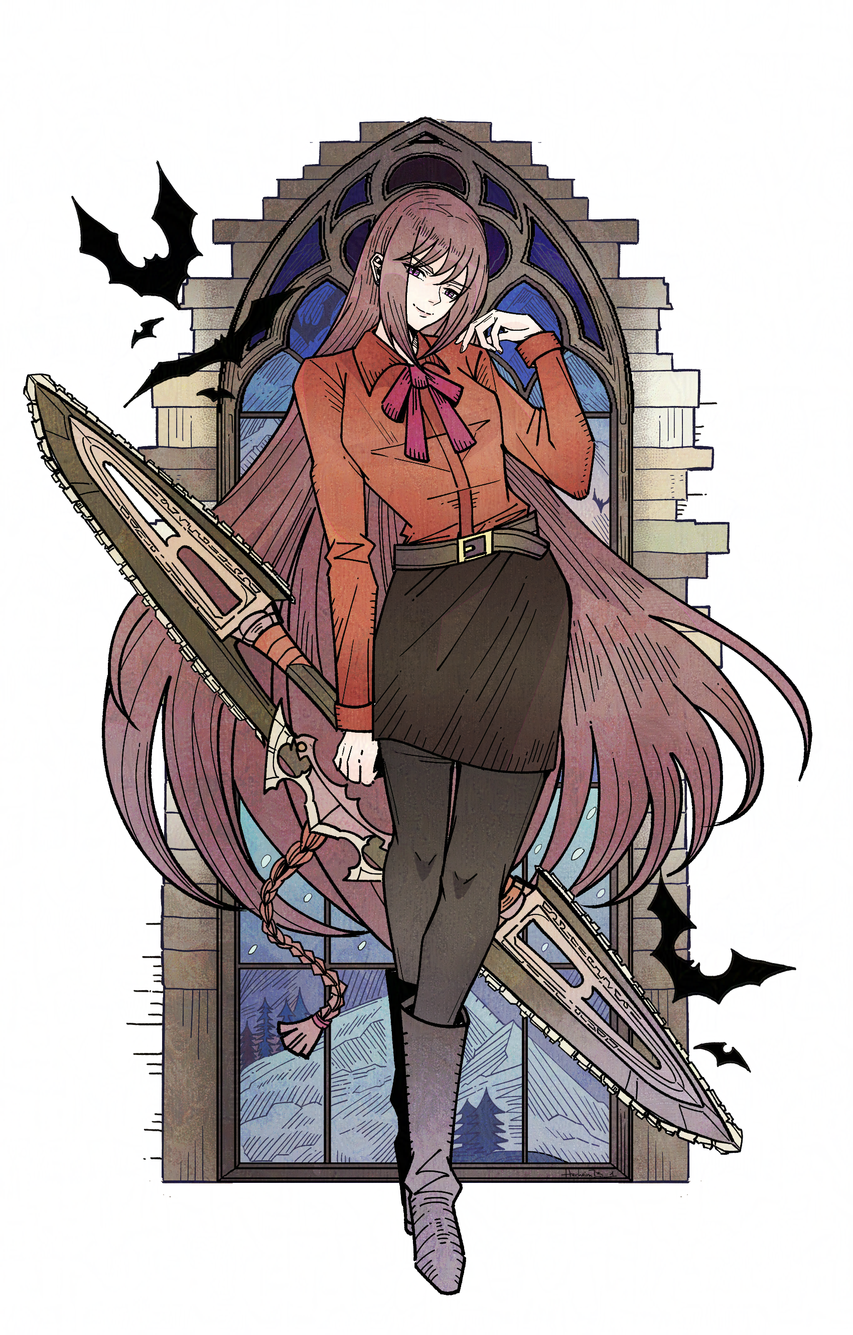 Anime-style illustration of a woman with long brown hair standing in front of large stained glass window and brick wall, holding a large, ornate sword with bat-shaped bats flying around her.