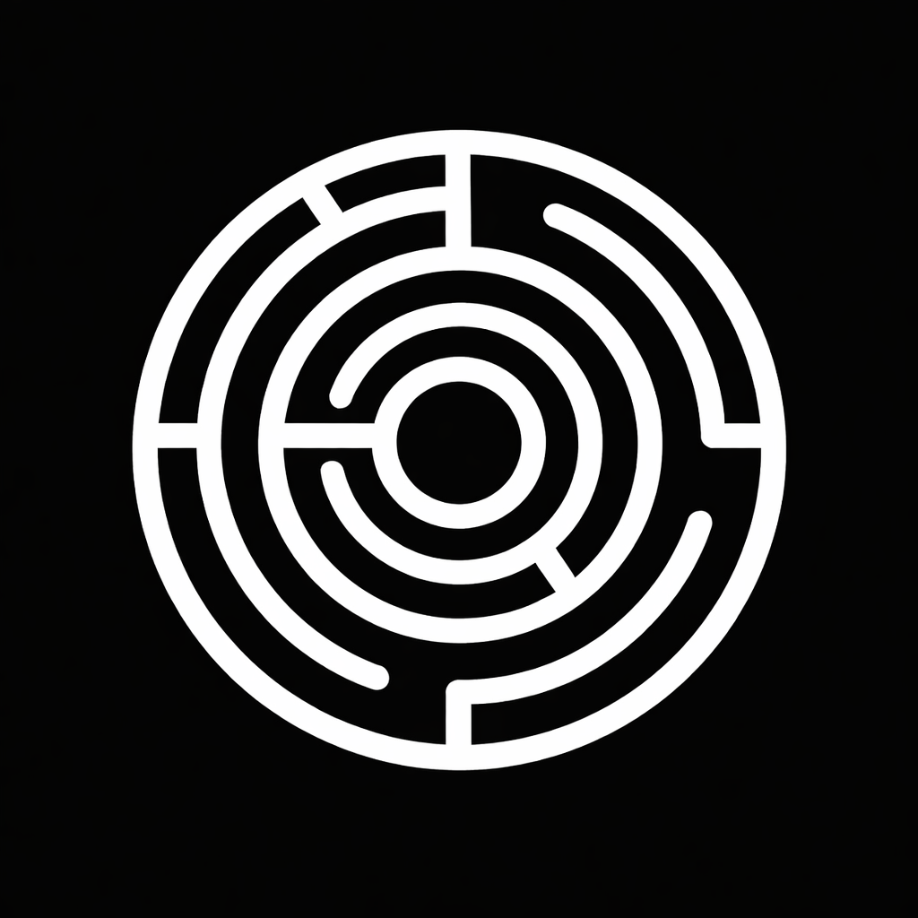 Black background with a white circular maze pattern.