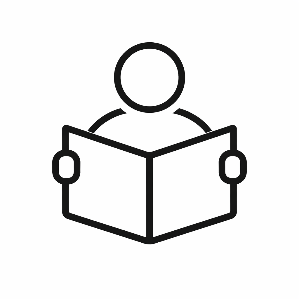 Outline icon of a person reading a book or map.