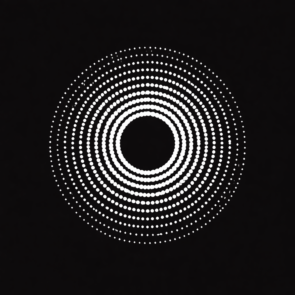 A geometric design composed of concentric circles made of small white dots on a black background.