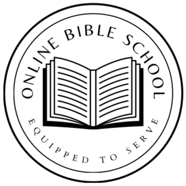 A thin black circle with a stylised book in the centre and the words, "Online Bible School" above and, "Equipped to service" below the book