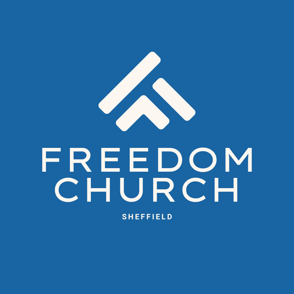 Logo of Freedom Church in Sheffield featuring a stylized graphic in white on a blue background with the text 'FREEDOM CHURCH SHEFFIELD' below