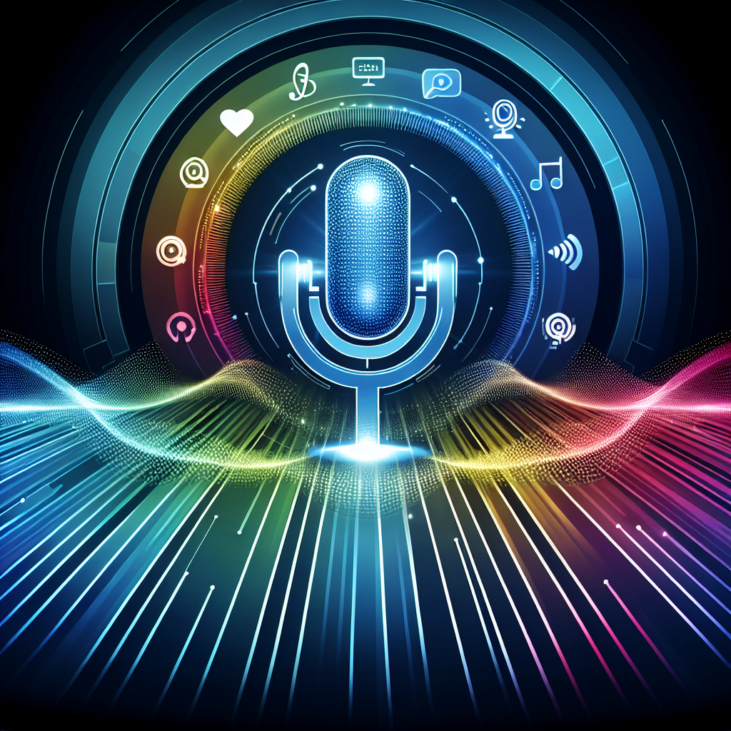 Digital illustration of a microphone surrounded by icons representing various media and communication platforms, with colorful sound waves and light effects.