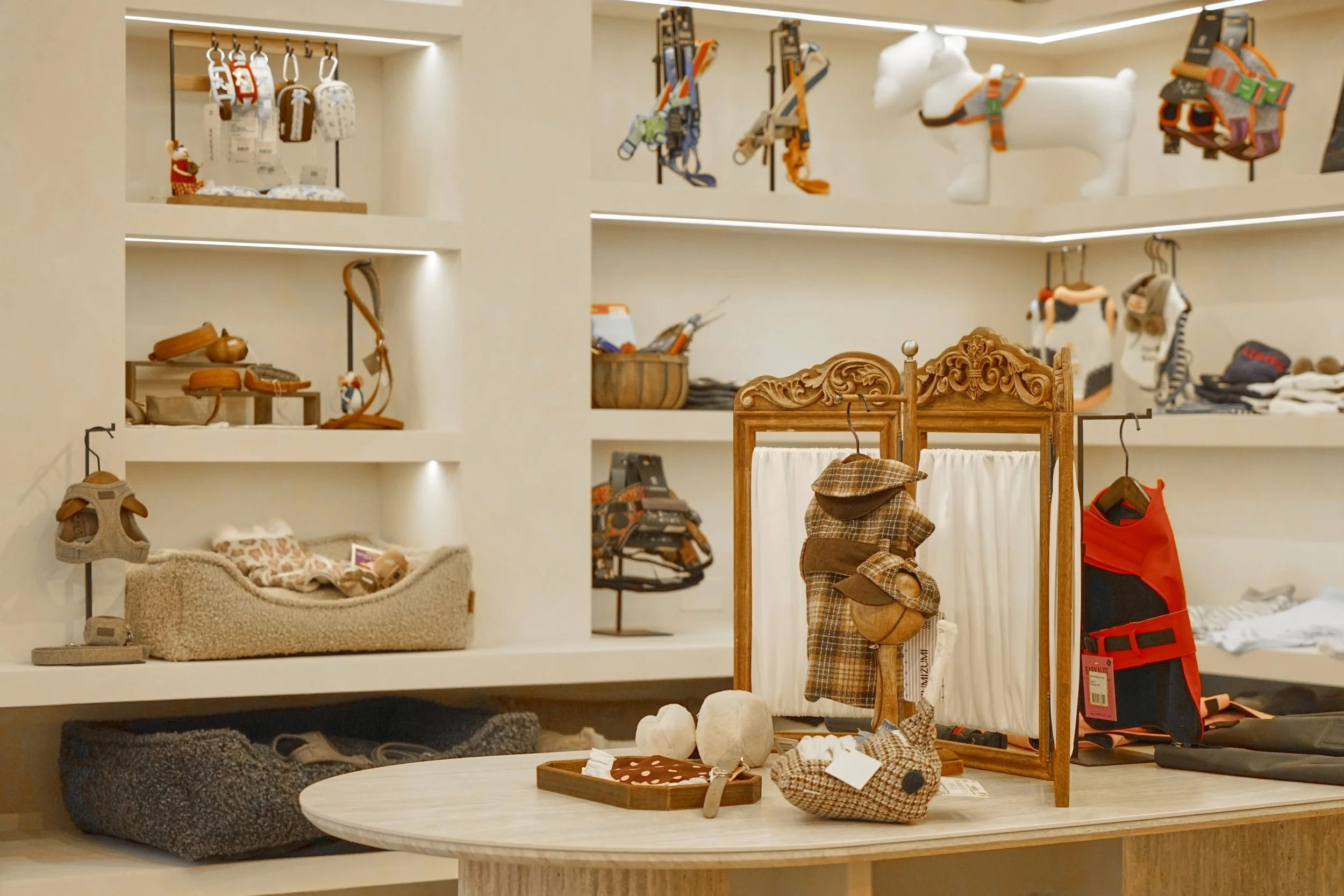 Provetta negozio di accessori per animali con giochi, cappotti, collari e altri articoli costumizzati per cani.