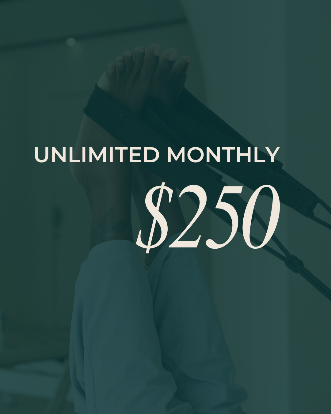 A person holding a guitar while sitting, with the text overlay advertising an unlimited monthly service for $250.