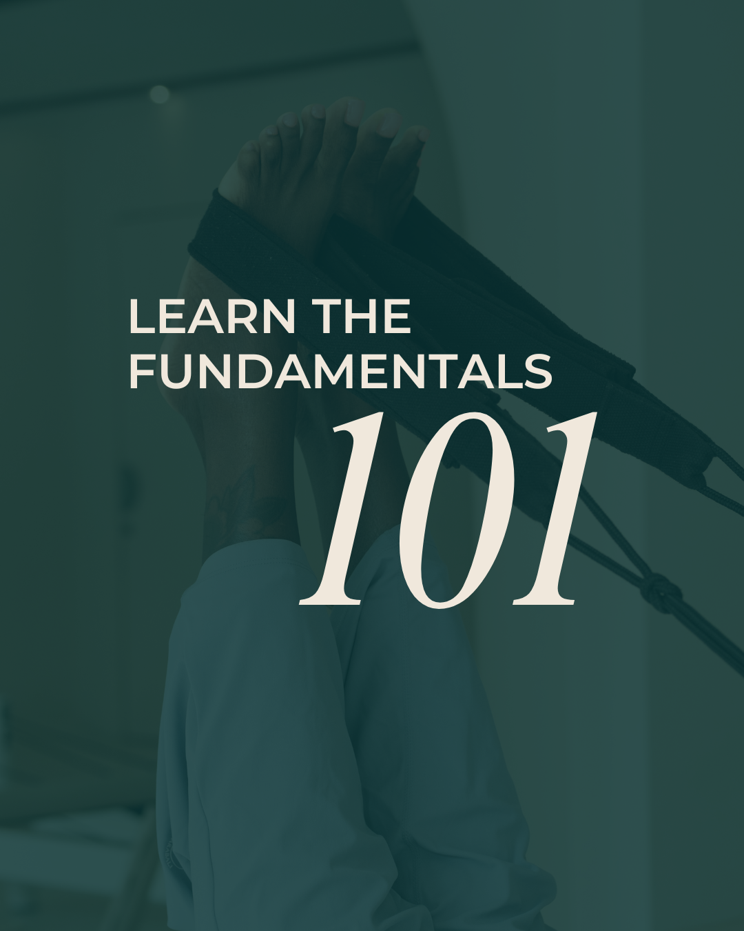 Person stretching arms in front of mirror with text overlay 'Learn the Fundamentals 101'
