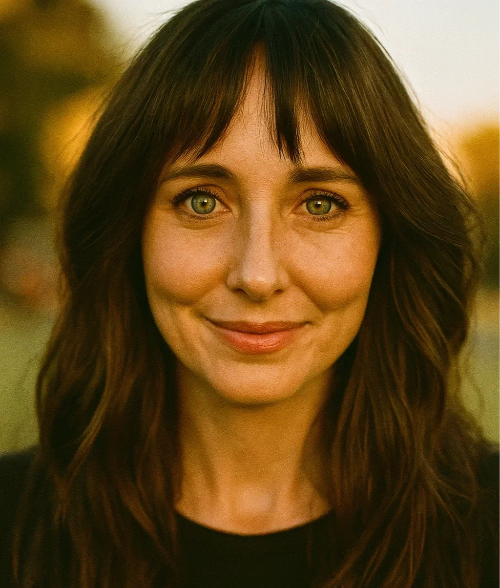 A woman with long, wavy brown hair and green eyes smiling at the camera.