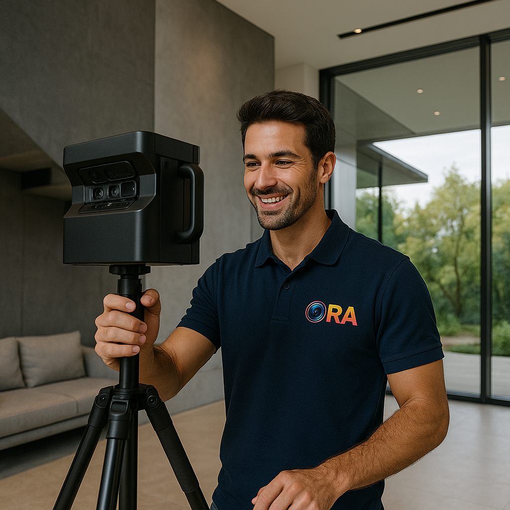 Un homme souriant ajuste une caméra 3D sur un trépied dans une salle moderne avec de grandes fenêtres et un canapé beige en arrière-plan.