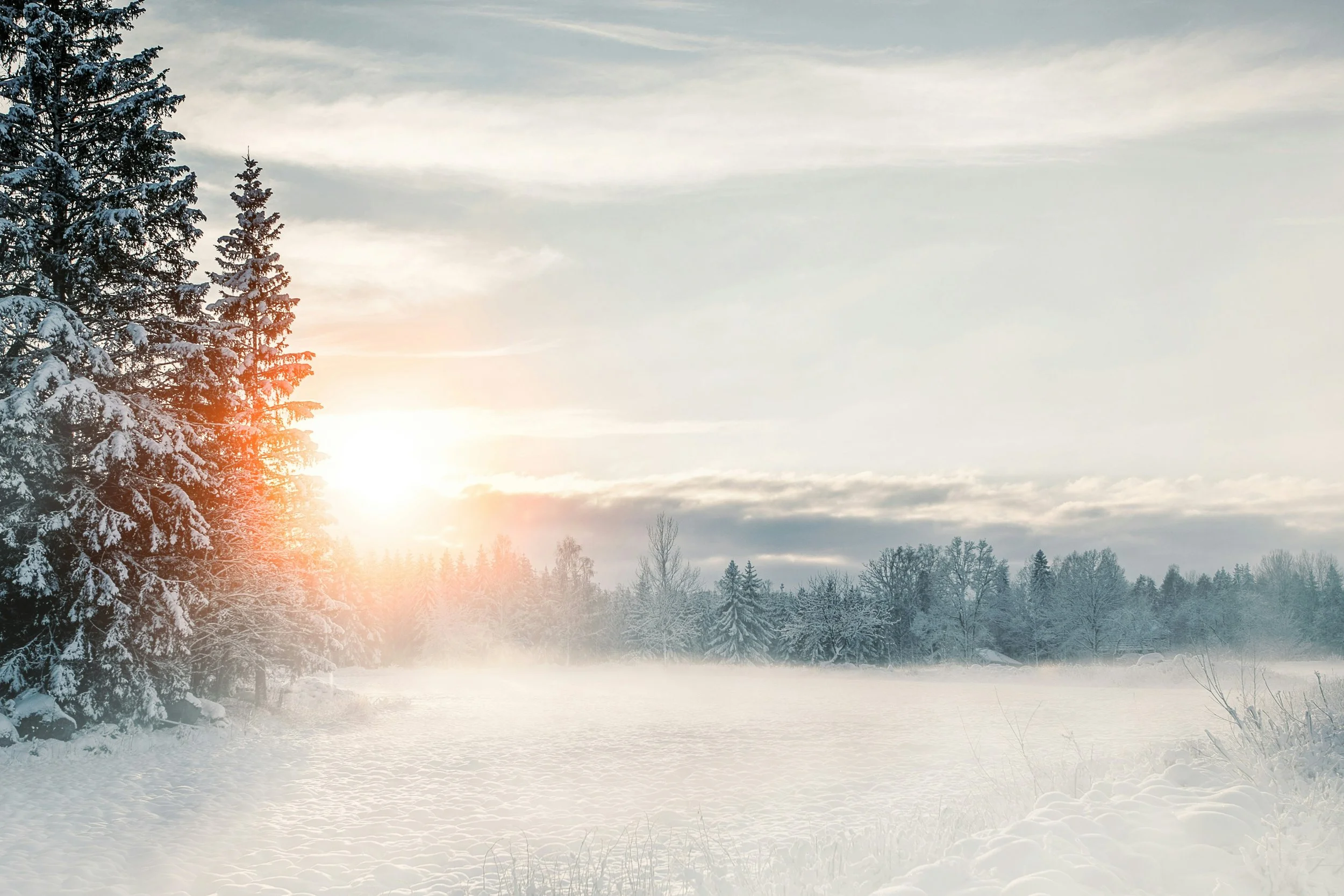 Nebeliger Wintermorgen mit Sonnenaufgang über einer Schneelandschaft