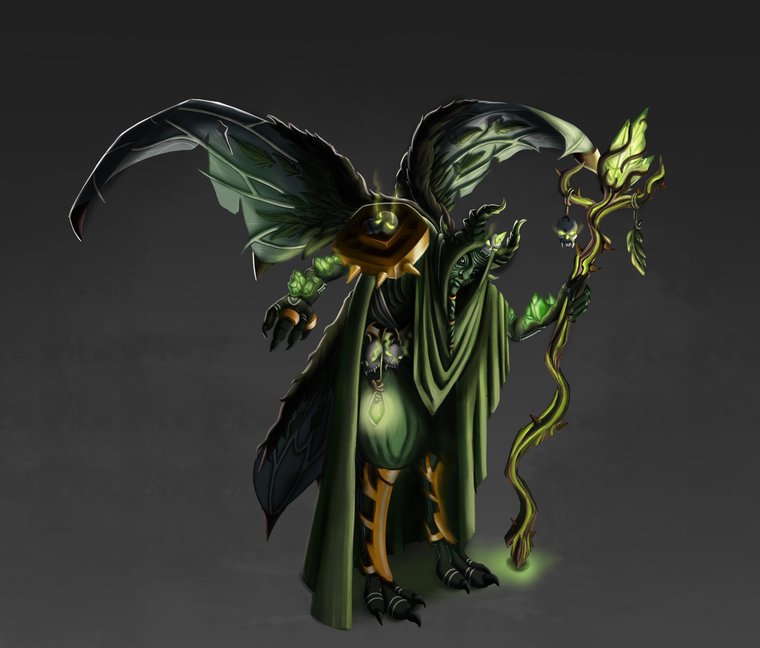 Ein dunkler Fantasy-Zauberer mit grüner Robe, Flügeln und einem Zauberstab, mit leuchtenden grünen Elementen.