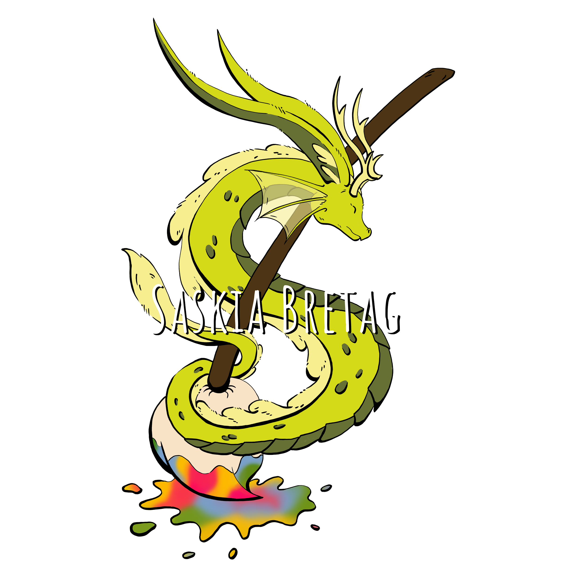 Eine kreative Illustration eines Drachen, der einen Speer hält, mit dem Text «Saskia Breitag» darüber. Der Hintergrund besteht aus horizontalen Linien in verschiedenen Grüntönen, und am unteren Rand ist eine bunte Farbexplosion zu sehen.