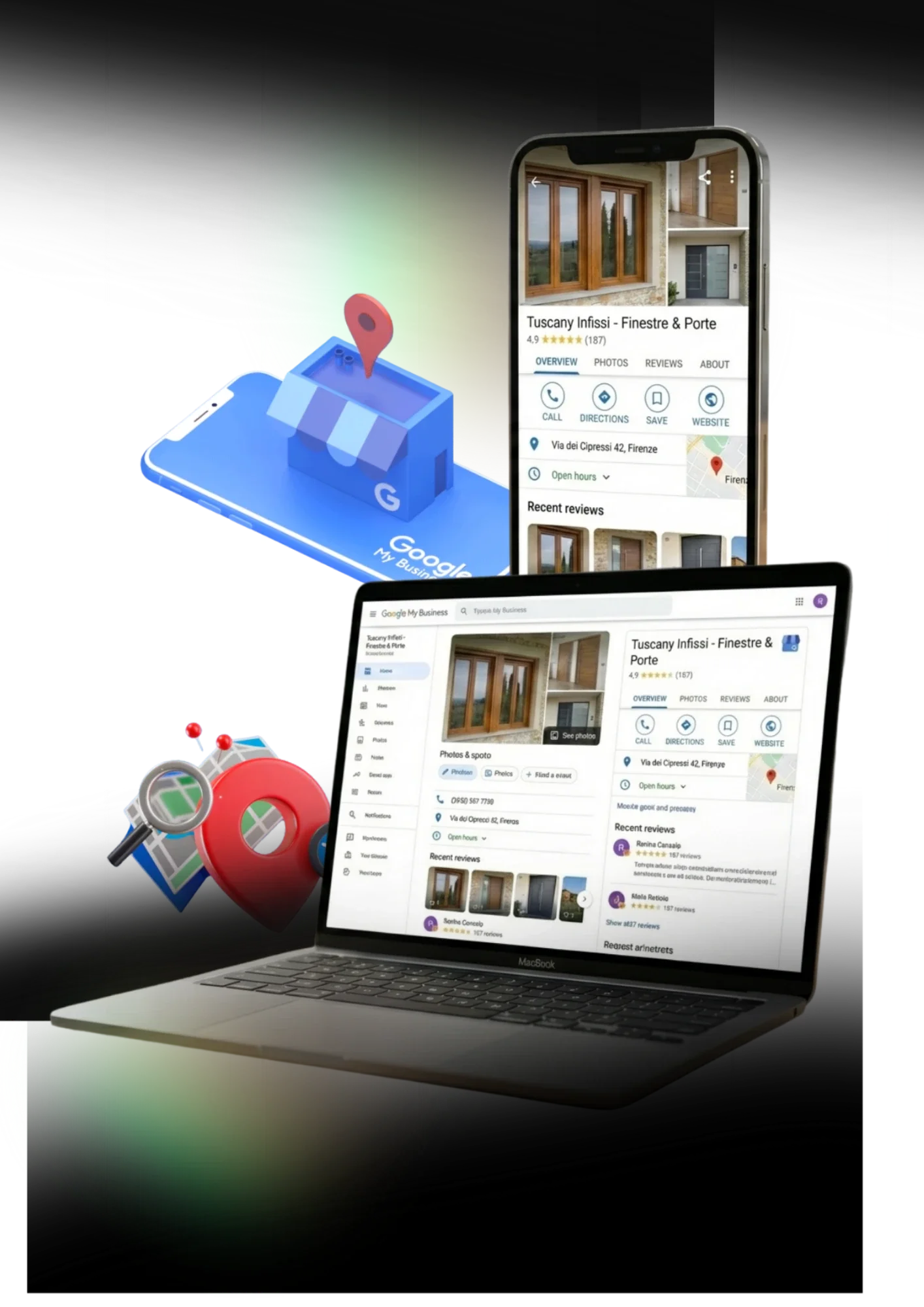 Schermata di un'app di ricerca di attività immobiliari con foto e recensioni di una finestra e porta in Toscana, con un'illustrazione di un telefono e un laptop con il sito aperto.