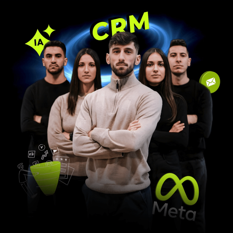 Un gruppo di cinque giovani adulti si trovano di fronte a uno sfondo digitale con parole e icone relative al CRM e ai social media, con una scritta in evidenza 'CRM'.