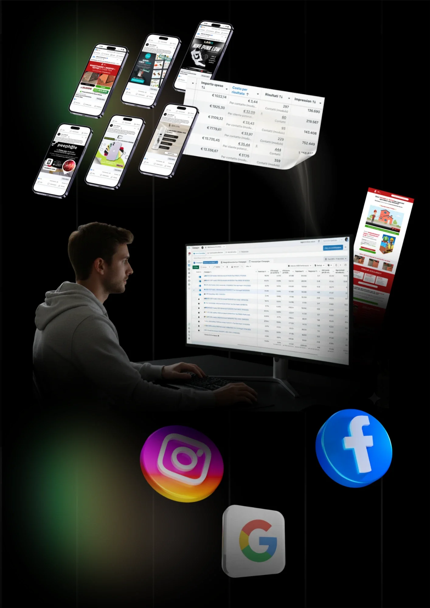 Un uomo seduto di fronte a un computer che monitora dati e attività online, con diverse app e siti web sospesi sopra di lui, inclusi social media come Instagram e Facebook, e loghi di Google e altre piattaforme digitali.