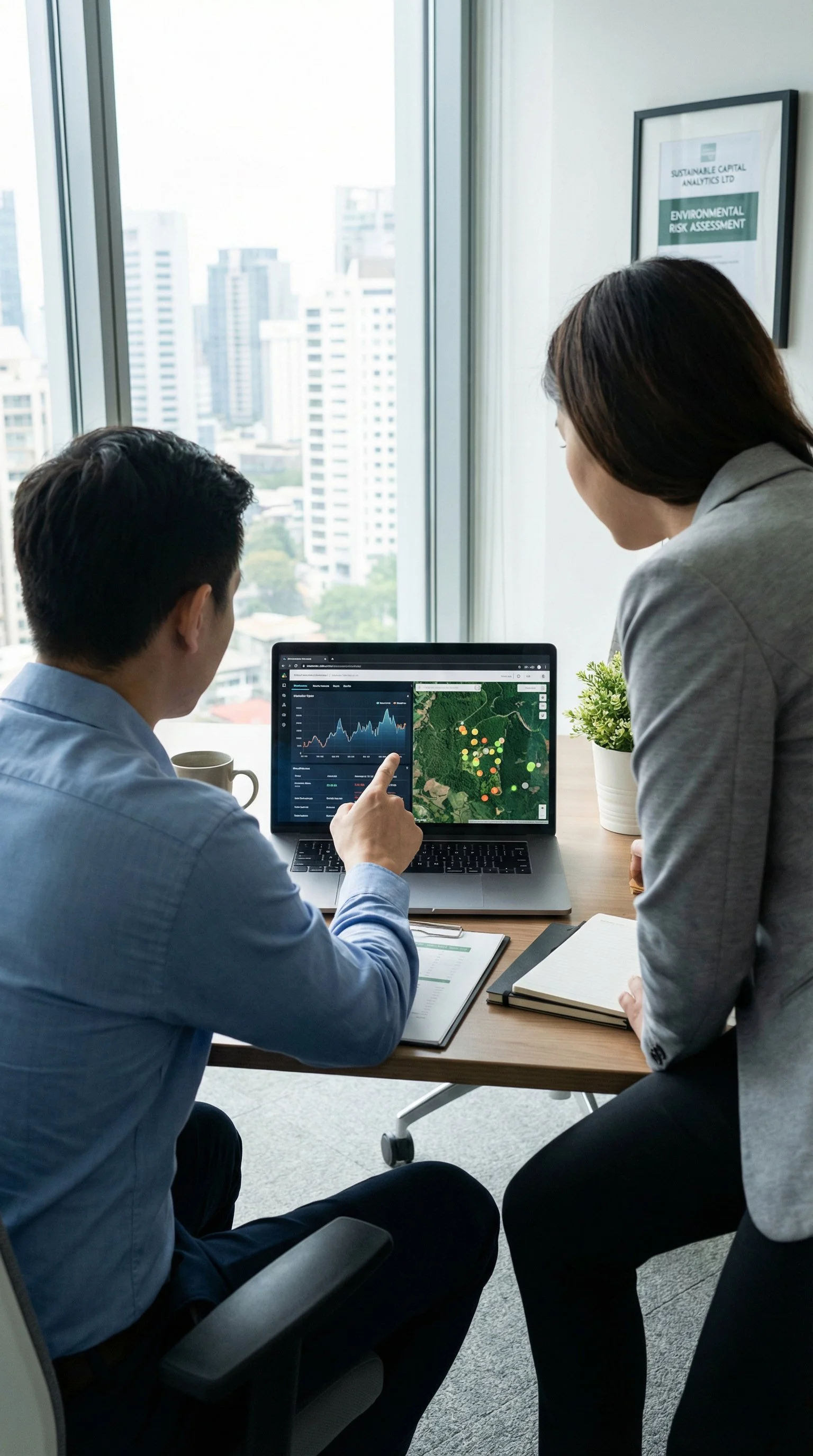 Two professionals analyzing data on a laptop in a modern office with large windows and a cityscape view.