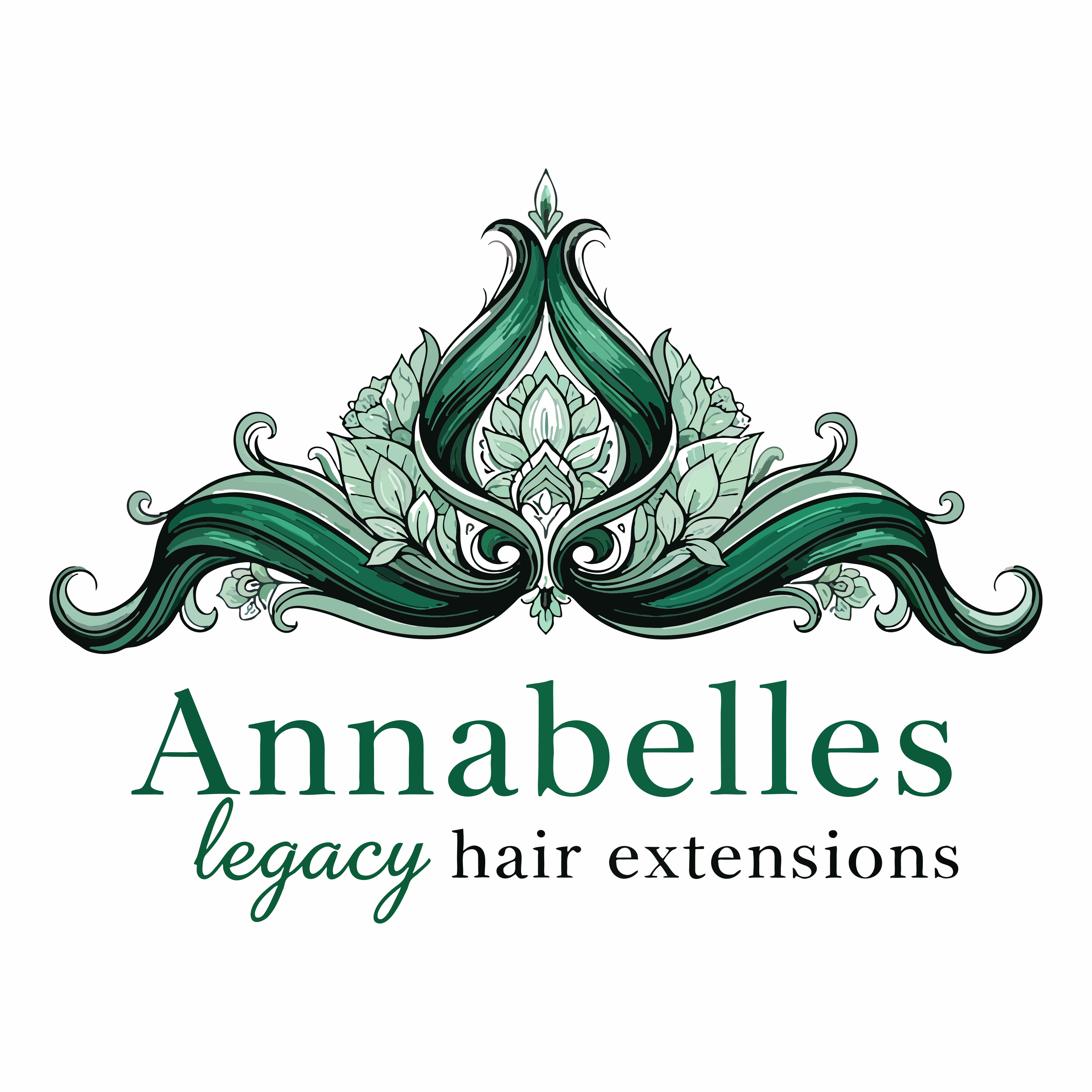 Logo for Annabelle's Legacy Hair Extensions featuring an ornate green floral and leaf design.