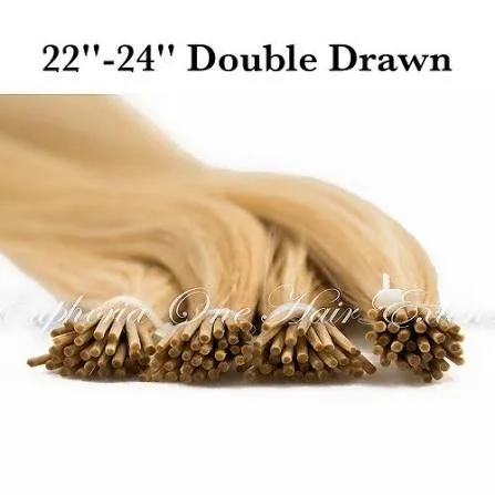 Bundles of blonde hair tied with rubber bands, labeled for extensions or hair styling, with text indicating 22 to 24 inch double drawn hair.