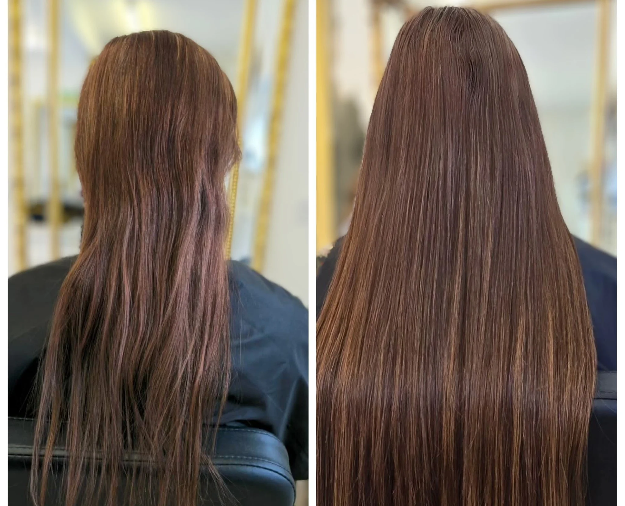 Before and after images of a woman's long, straight, reddish-brown hair, showing an improvement in hair texture and appearance.