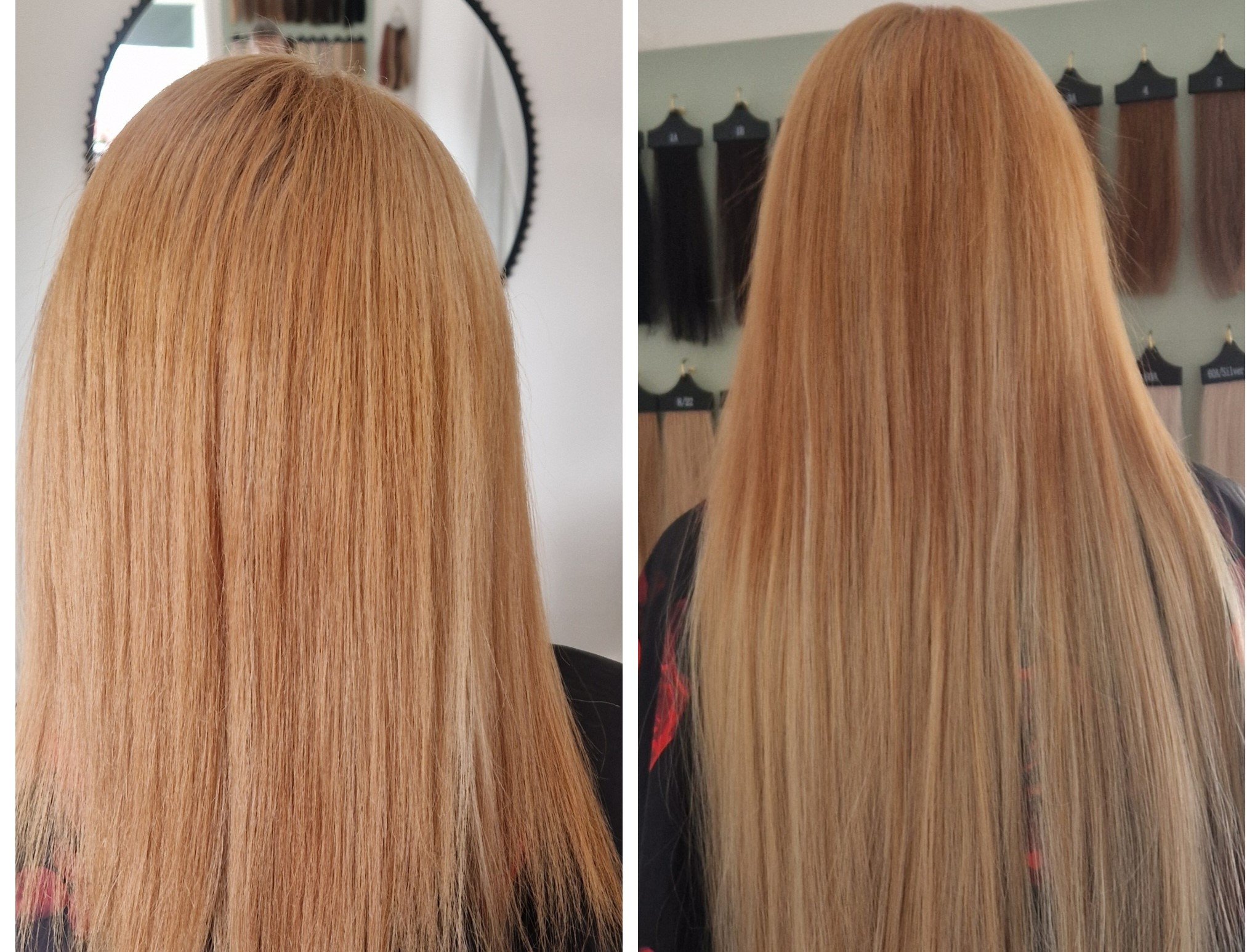 Side-by-side comparison of a person with straight, long, blonde hair before and after hair coloring or treatment, showing a subtle change in hair shade and smoothness.