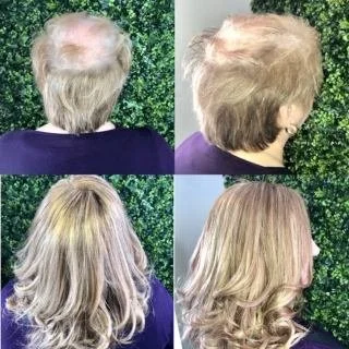Before and after comparison photos showing a woman's hair transformation, with the top row displaying her short, gray hair before and after, and the bottom row showing her long, blonde hair before and after.