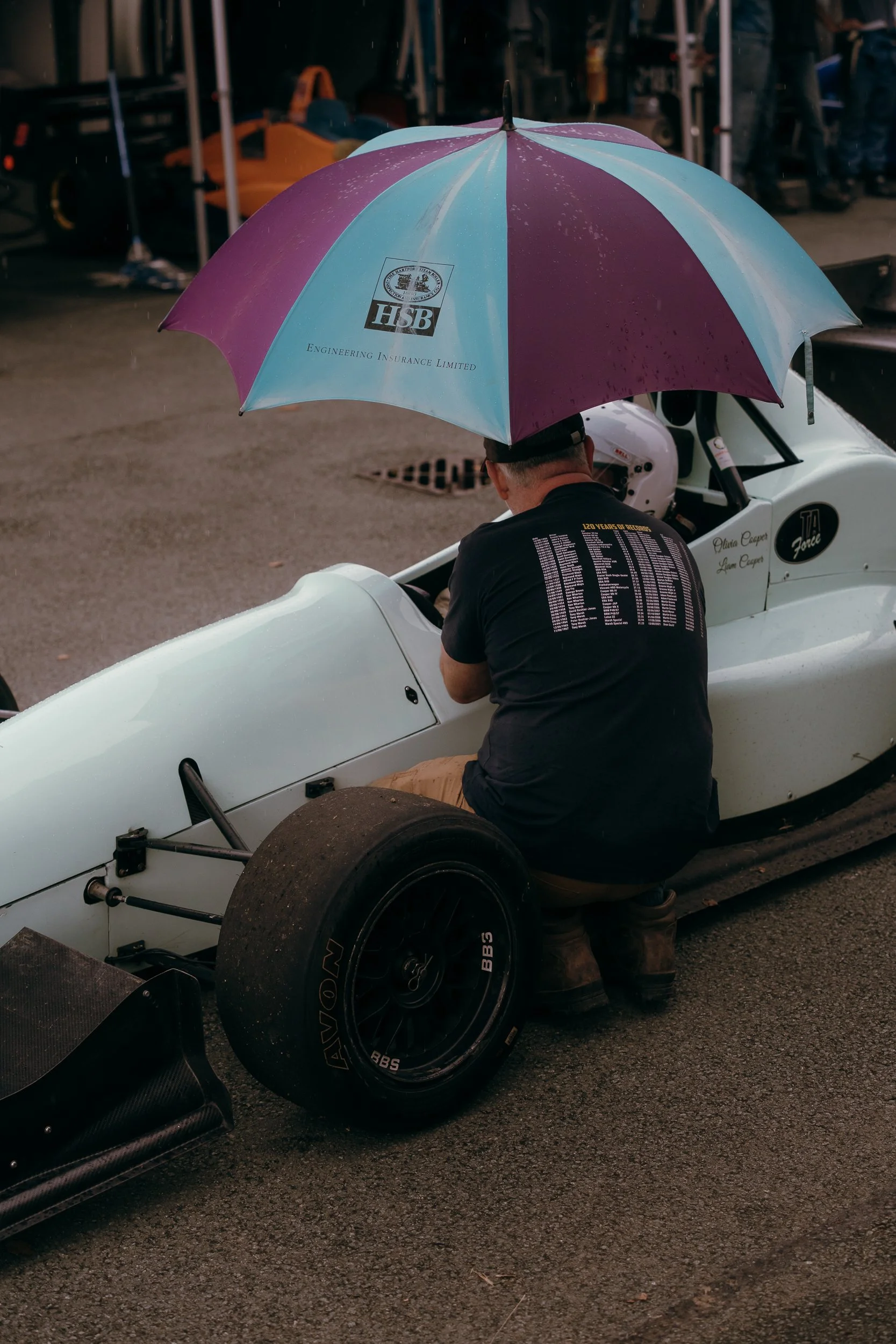 Driver sheltering under an umbrella beside a hill climb single-seater at Loton Park British Hill Climb Championship