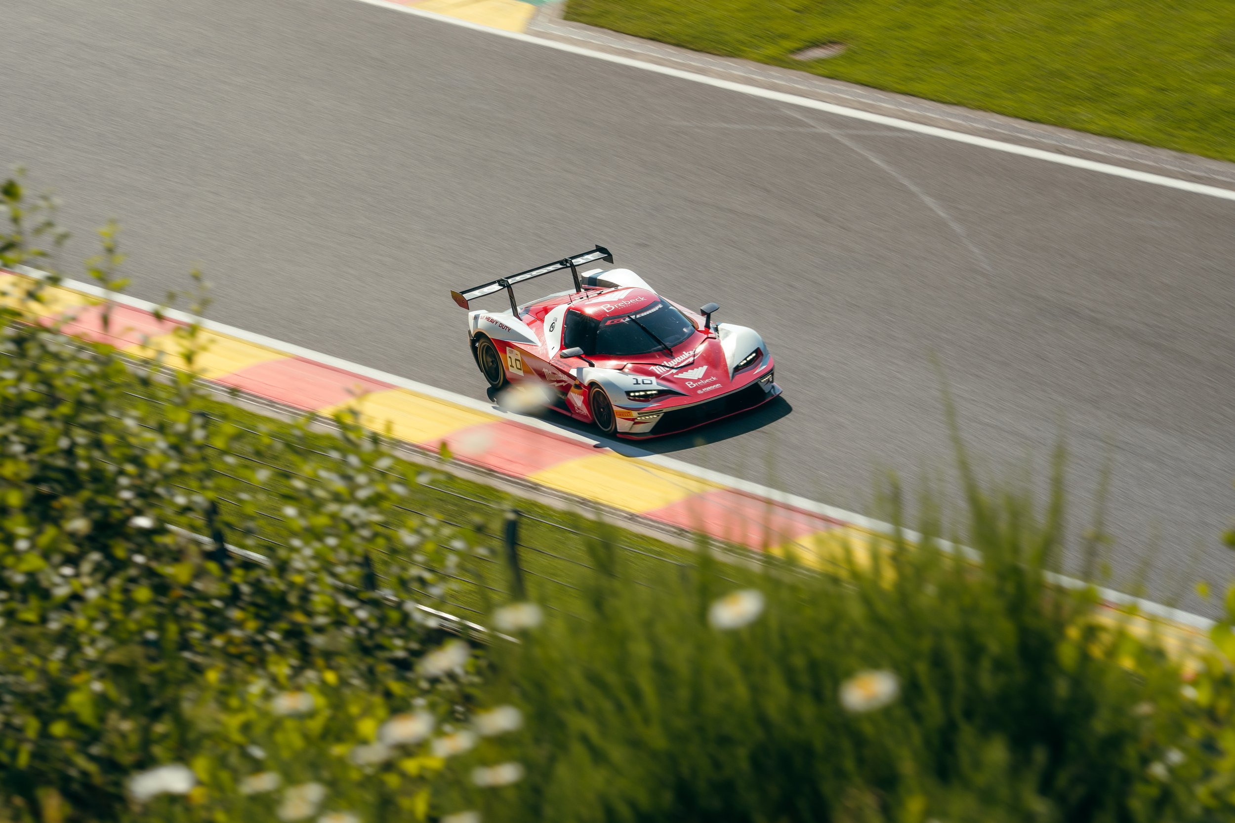 Red and white race car speeding on a race track, surrounded by green grass and blurred foliage in the foreground.