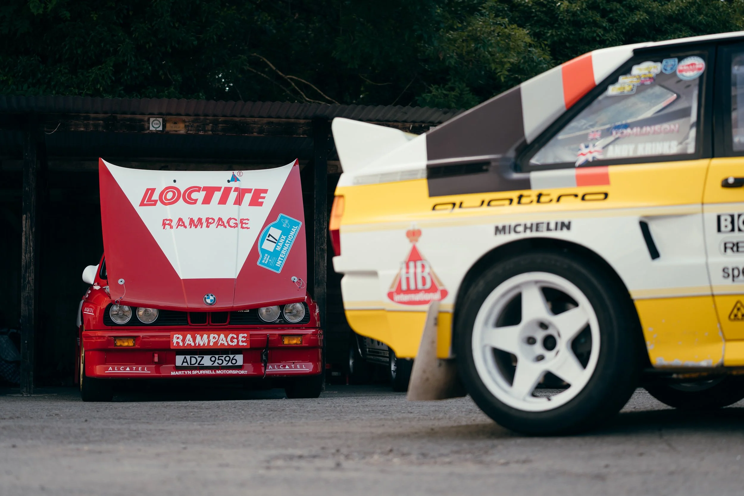 Classic Group B-style rally cars in period Loctite and Quattro liveries at Shelsley Walsh Classic Nostalgia