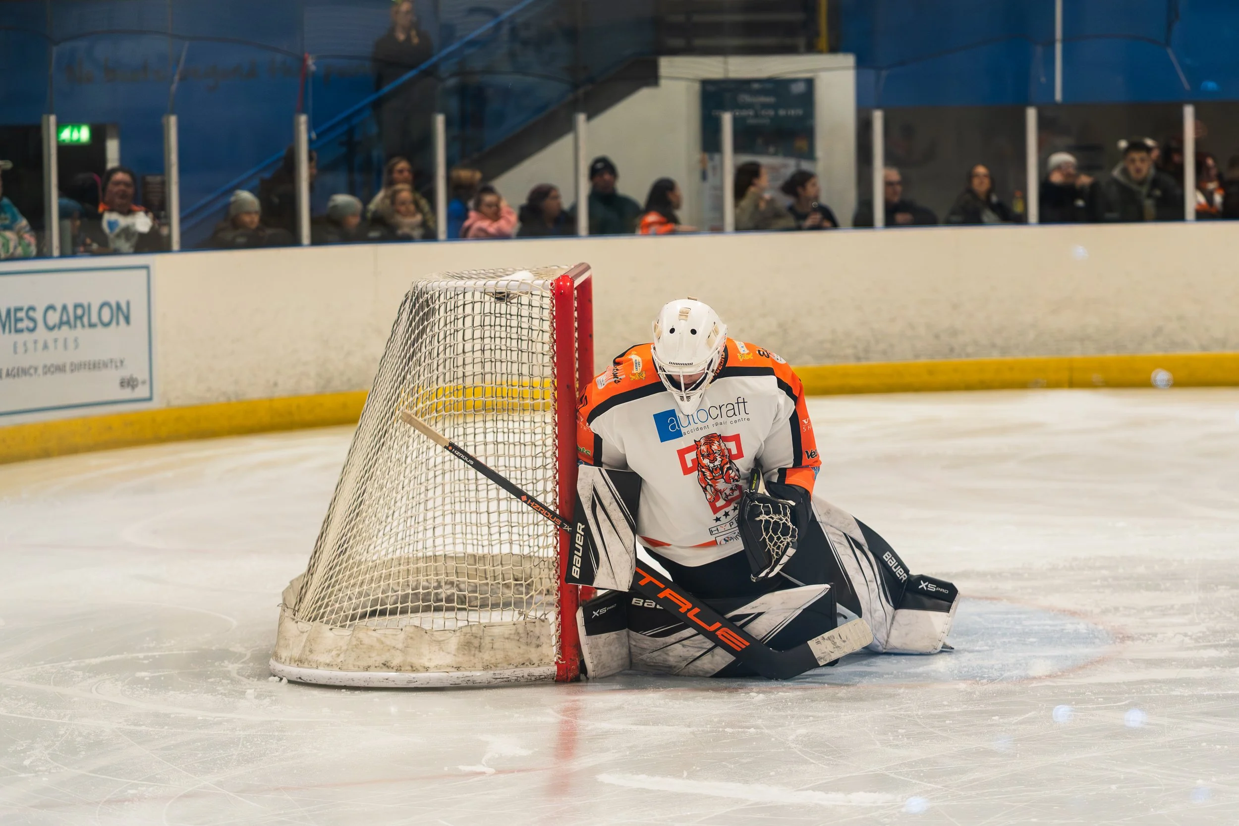 Telford Tigers goalkeeper crouched ready in front of the net during a break in play