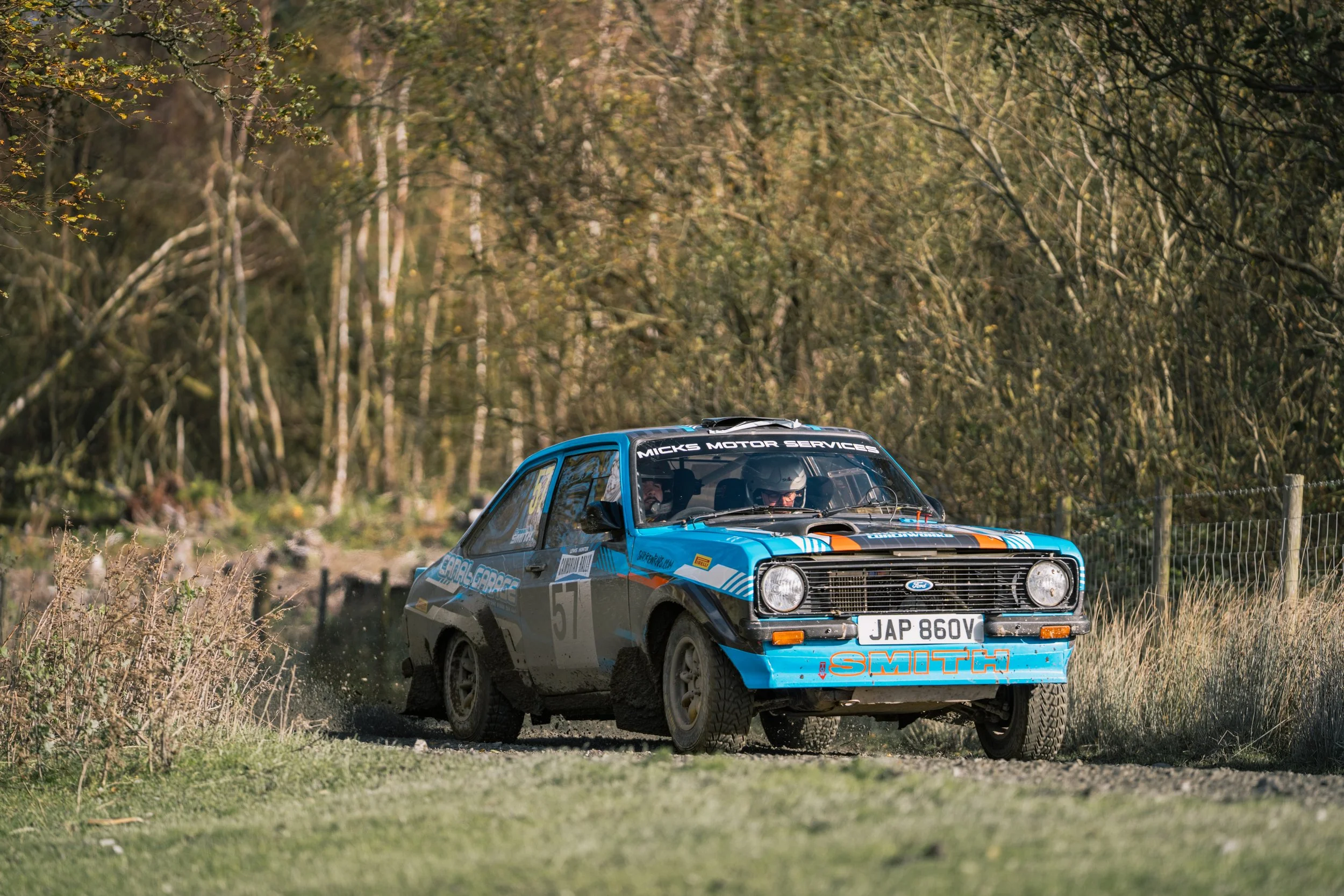 A blue rally car with the number 51 on the side racing on a dirt road through a wooded area, kicking up dust and grass.