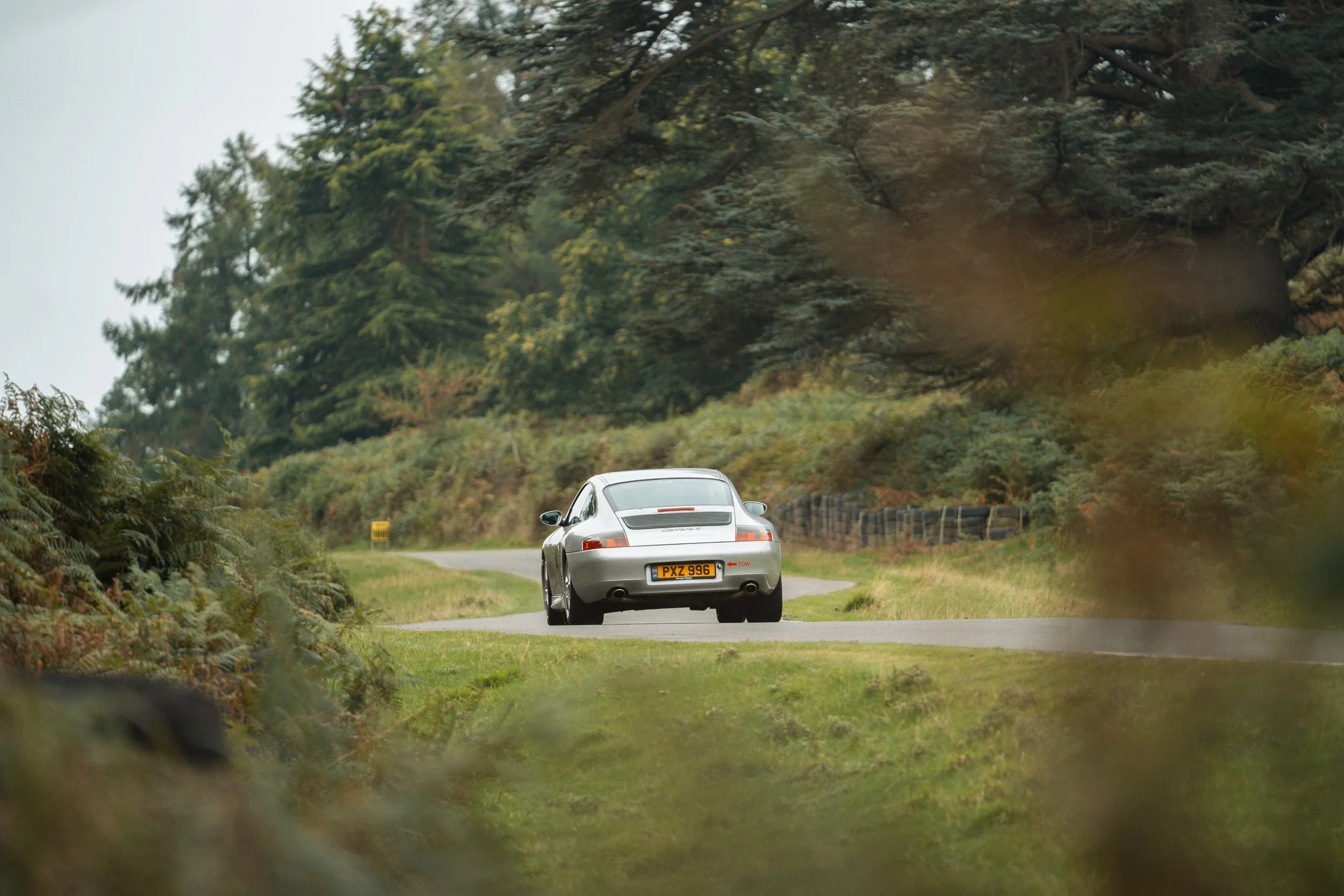 Silver sports car driving on a winding rural road surrounded by green trees and bushes.
