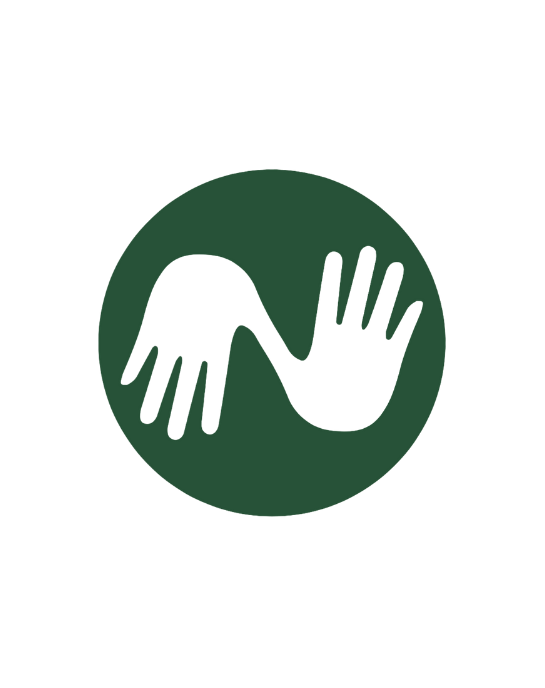 Icon of two hands, one black and one green, reaching towards each other inside a green circle.