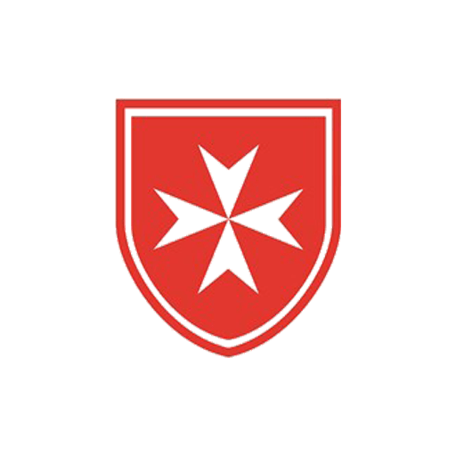 A red shield with a black Maltese cross inside, outlined with black and white borders.