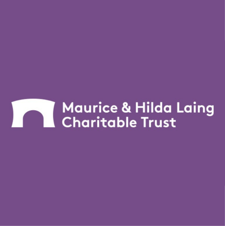 Logo of Maurice & Hilda Laing Charitable Trust with a purple background and a white arch symbol