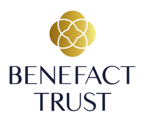 The Benefact Trust logo featuring a gold hexagonal flower shape above the organization name in dark blue font.
