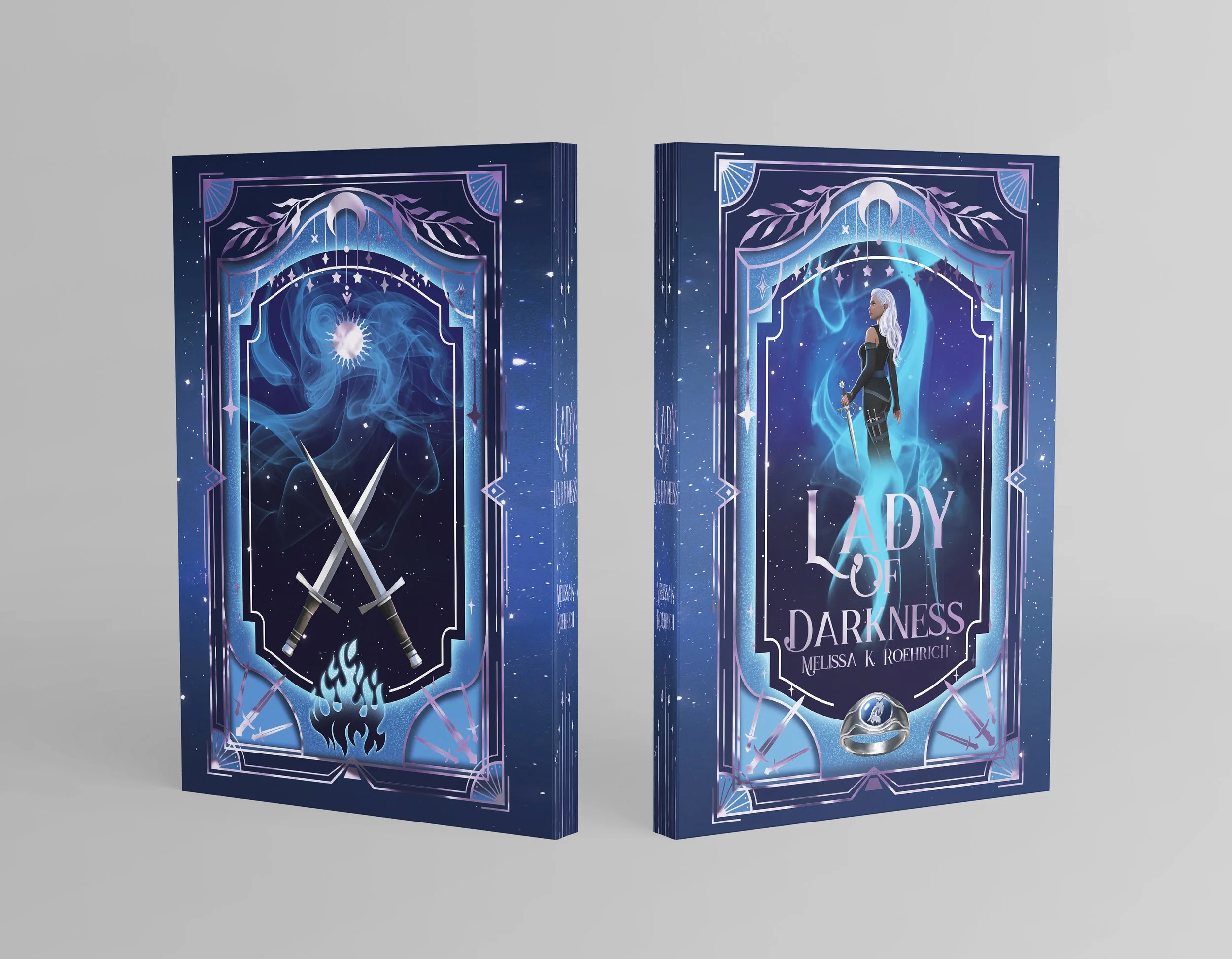 A book cover titled 'Lady of Darkness' by Melissa K. Roehrich featuring a fantasy-themed illustration of a woman with long, flowing white hair, holding a sword, standing against a starry night sky with swirling blue and purple magical energy.