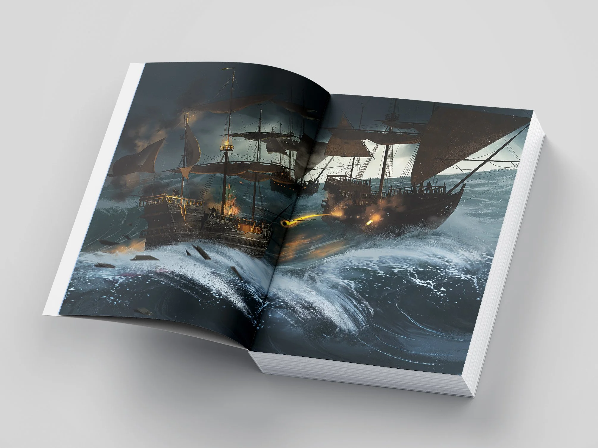 Illustration of a sea battle with multiple sailing ships engaged in combat amidst rough waters and stormy weather.