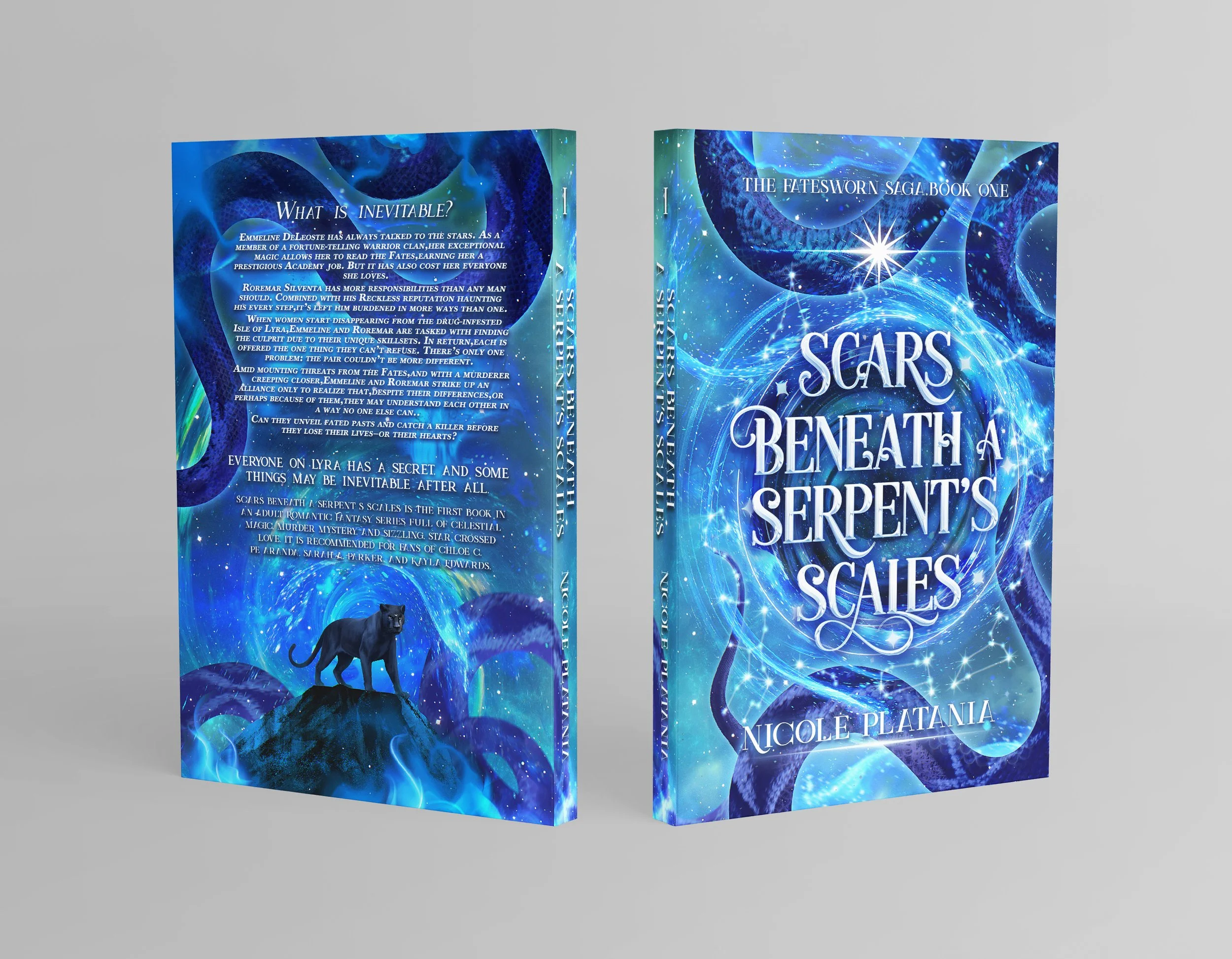 Book cover titled "Scars Beneath a Serpent's Scales" by Nicole Platania, featuring a fantasy design with swirling blue and purple hues, a serpent, and glowing stars. The back cover describes the story and mentions it is the first book in the Serpent'