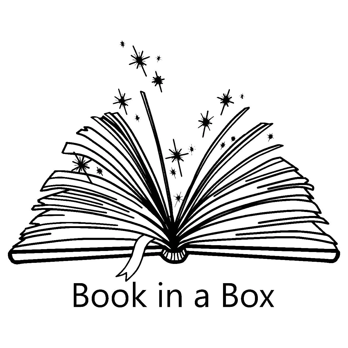 A black and white illustration of an open book with stars and sparkles emerging from the pages, with the text "Book in a Box" underneath.