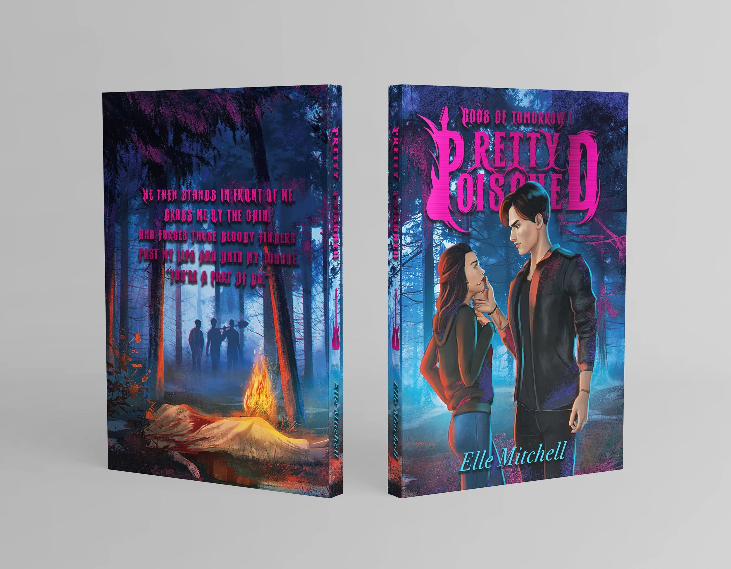Book cover titled "Reclaimed Obsession" by Elle Mitchell, featuring a young woman and man in a forest with a blue and purple color scheme, and a scene of a fire and silhouetted figures in the background.