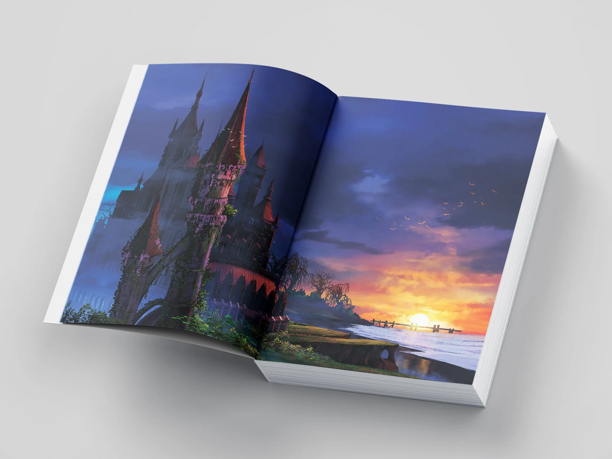 Open book displaying a fantasy castle with tall spires and a colorful sunset over a lake with a dock and trees.
