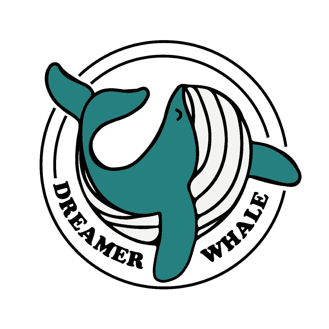 A teal illustration of a whale with 