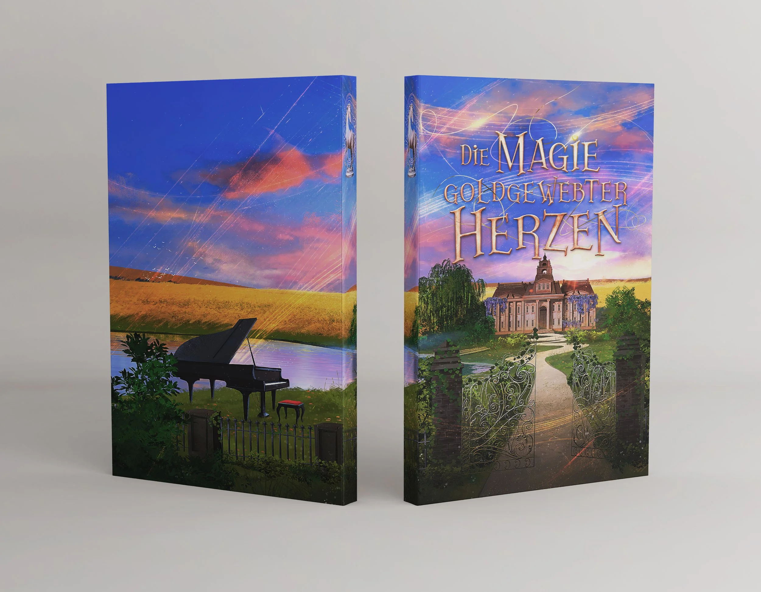 Book cover titled 'Die Magie Goldgewebter Herzen' with a castle, garden, and gate, set against a colorful sky