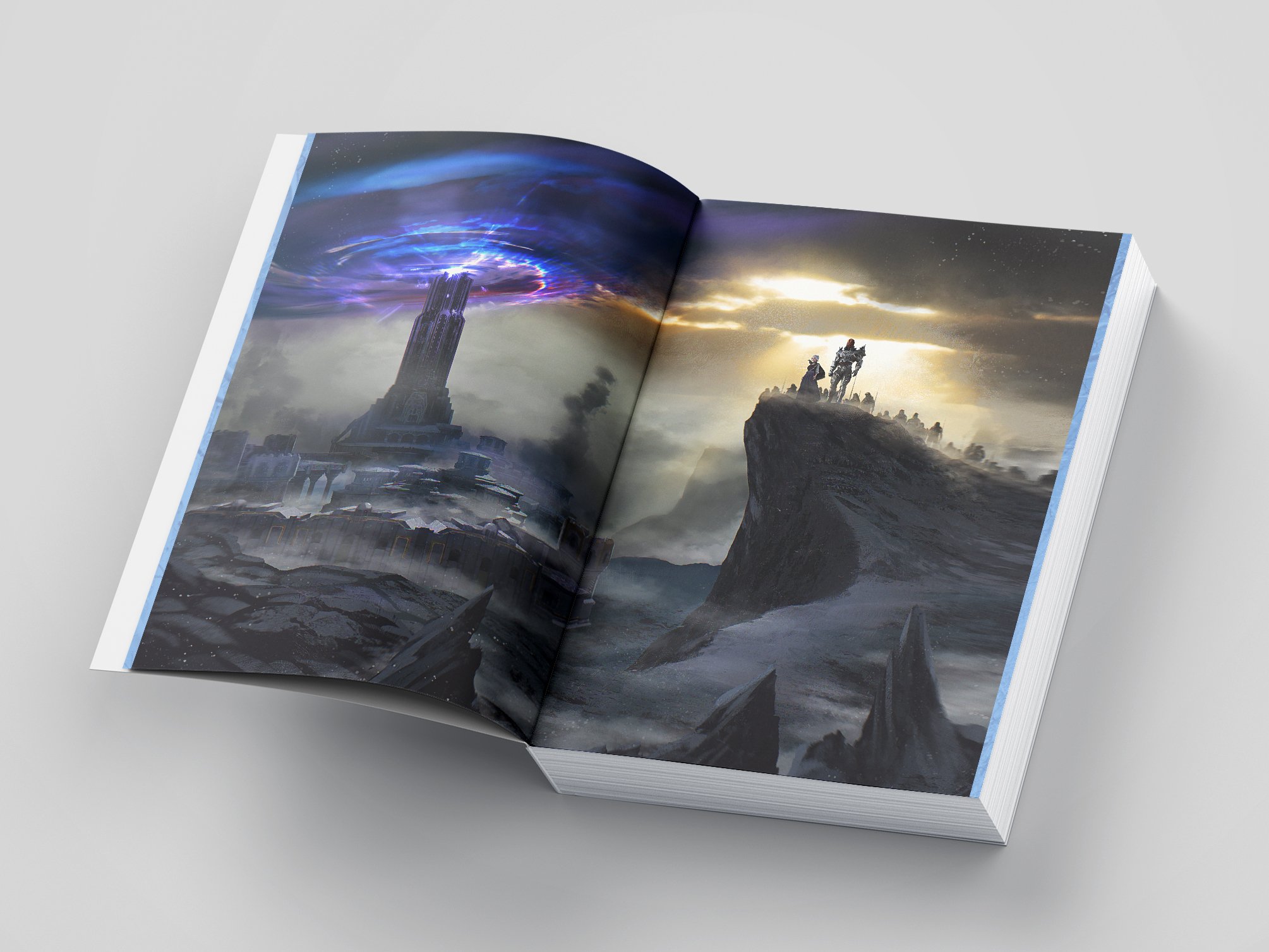 Open book showing a futuristic cityscape with a tall tower emitting purple energy and others perched on a rocky cliff under a dramatic sky.