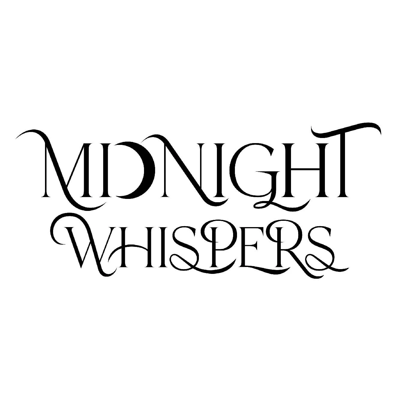 Stylized text reading 'Midnight Whispers' with decorative, cursive font in black on white background.