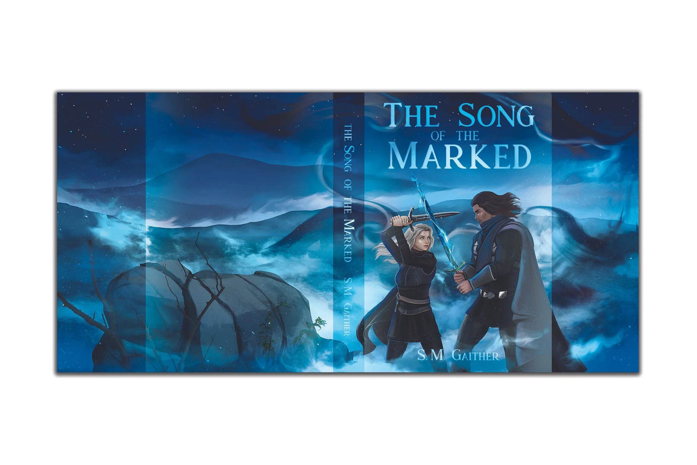 Book cover for 'The Song of the Marked' by S. M. Gaither showing two characters wielding swords in a stormy, mountainous landscape with a large boulder and leafless branches.