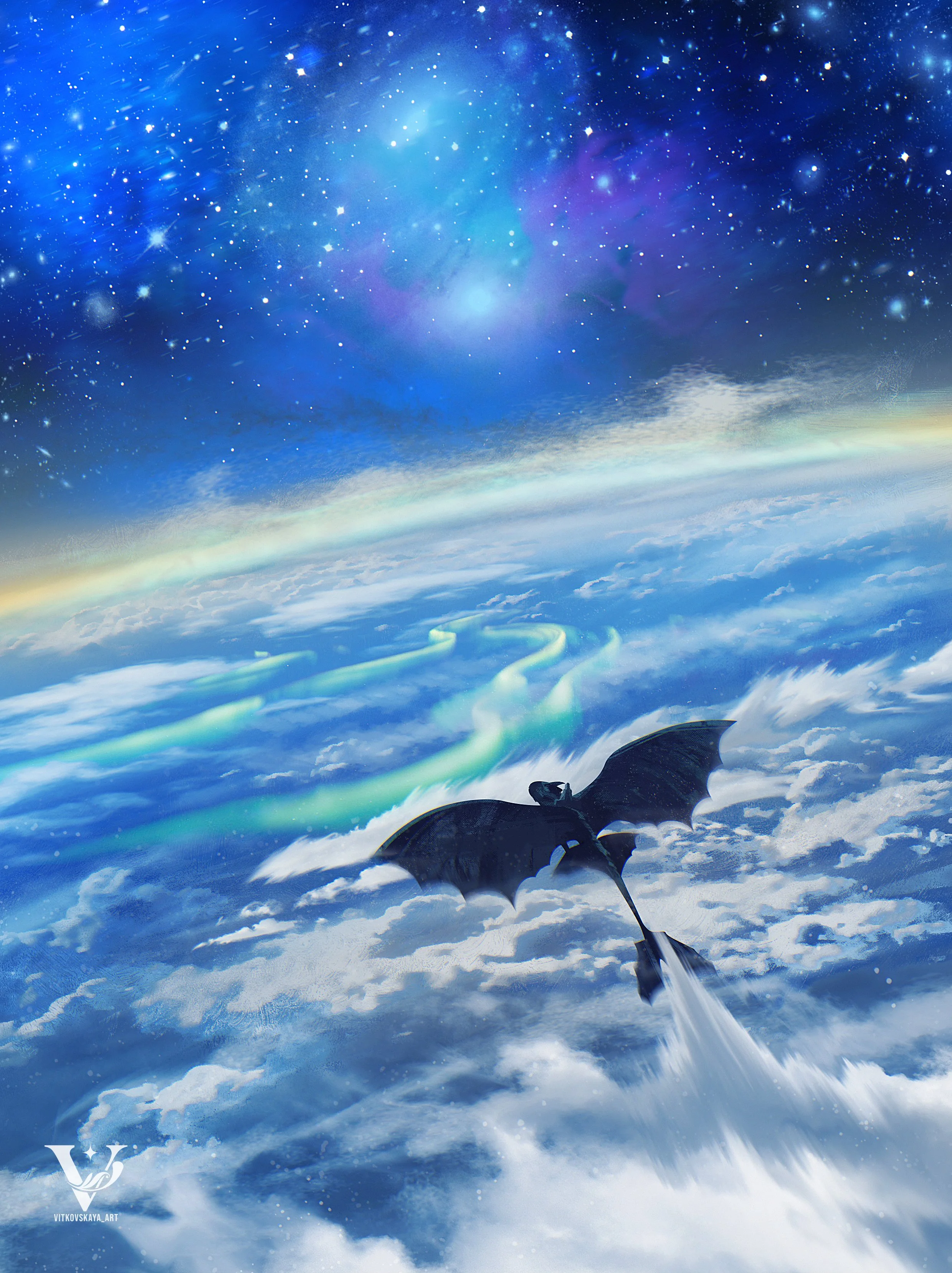A digital artwork depicting a dragon flying in space, with a cosmic nebula, stars, and an aurora borealis over clouds below.
