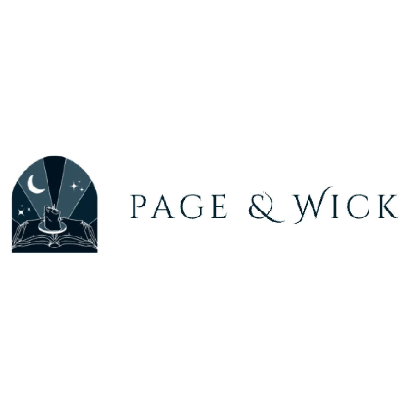 Logo with a depiction of an open book, a candle, and a night sky with moon and stars, alongside the text 'Page & Wick'.